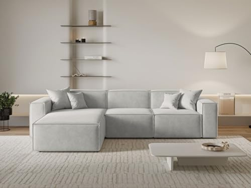 GRAINGOLD Arizona Ecksofa 265x180 cm, L-Form Sofa, Ecksofa für Wohnzimmer, Velour, 3-Sitzer Eckcouch, Modernes Design (Hellgrau, Links)