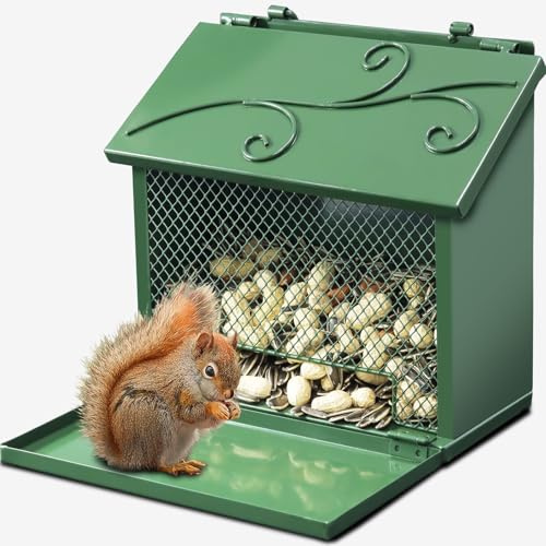 Gavinjitao Metal Squirrel Feeder, Squirrel Feeders for Outside Hanging Nesting Box Chipmunk Picnic Table House Outdoors for Corn, Nut, Peanuts Green 1 Pack