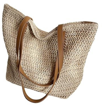 ZGFHLI Stroh Strandtaschen Für Damen,Hobo Strand Umhängetasche Für Damen, Vintage Leichte Faltbare Geflochtene Tragetasche Für Reisen, Arbeit Mit Reißverschluss,Beige
