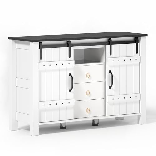 Azkoeesy Buffet de 120 cm avec portes coulissantes, style maison de campagne avec 3 tiroirs, pour salon et salle à manger, blanc avec plateau noir, poignées dorées