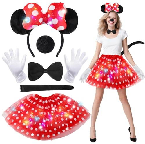 Mouse Costume Girls Women- Light Up Mini Mouse Dress Up Adult Princess Outfit with Red Tutu Skirt Mouse Ears Headband Nose Tail Bow Tie Gloves for Cosplay Party Halloween Christmas World Book Day