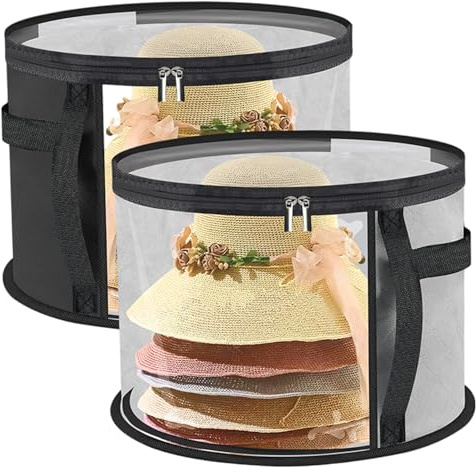 Scatola per cappelli rotonda da 2 pezzi con coperchio trasparente e finestra Organizzatore per cappelli 16, 5x10 con chiusura a cerniera e maniglia Contenitore portatile in tessuto non tessuto per l