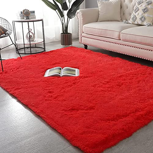 Tappeto a pelo lungo, morbido, rosso, 120 x 160 cm, in finta lana, per soggiorno, sala giochi per bambini, antiscivolo, resistente, per uso interno