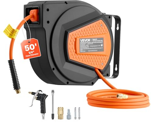 VEVOR Avvolgitubo aria retrattile, tubo aria ibrida da 1/4 pollici x 50 piedi, massimo 300 PSI, bobina per tubi per compressore d'aria chiuso, riavvolgimento automatico con piombo