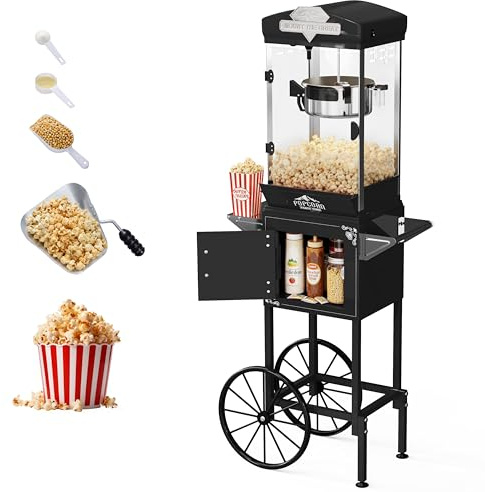 Sesslife Popcorn Machine, 10 Oz Vintage Popcorn Machine Cart with Wheels, Professional Movie Theater Style Popcorn Popper Makes Up to 40 Cups, Popcorn Maker Machine for Home & Commercial (Black)