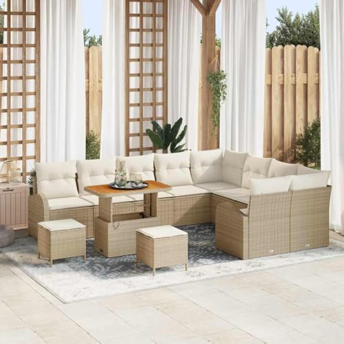Owoxanthellate Gartensofa Set Beige 12-TLG Poly Rattan Eckbank Gruppe mit Akazienholztisch Modular Wetterschutz für Terrasse Balkon Outdoor Lounge 11 Sitzplätze abnehmbare Bezüge