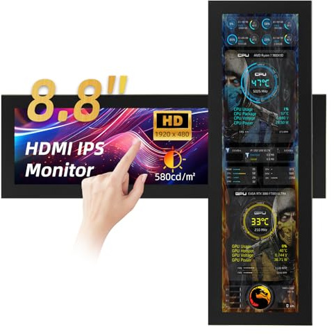 iPitstBit Monitor Táctil 8,8 Pulgadas, 1920x480 Pantalla de Temperatura de PC, Pantalla de Panel Sensor de PC,USB Mini Pantalla para Raspberry Pi, Monitor de Datos CPU RAM AIDA64 ARGB Carcasa de PC