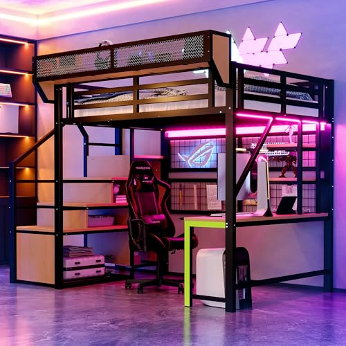 Dolamaní Hochbett 140×200 cm Metall Bettgestell mit Treppe Sicherheits und Schrank, Höhe 191 cm Bett mit Abnehmbares Netz Regale, LED-Beleuchtung, Schreibtisch (Schwarz C)