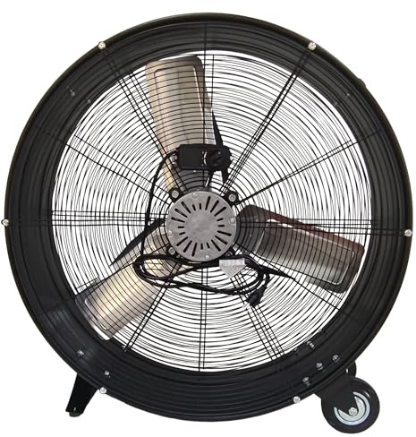 TERRUPEX 24 inch Industrial Drum Fan, Heavy Duty Metal Floor Fan with Pure Copper Motor, High Velocity 10250 CFM Airflow, 3 Aluminum Blades, 2-Speed Ventilator Fan with Wheels (Black + 2)
