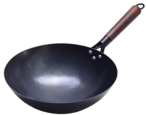 Wok cinese in ferro martellato a mano, wok multiuso in ghisa, senza rivestimento, meno olio, pentola antiaderente per stufe elettriche/induzione/gas, 30 cm, 34 cm
