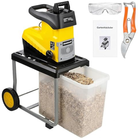 Elektro Gartenhäcksler Walzenhäcksler leise robust wartungsarm, 3200 W Hochleistungsmotor, 60L Fangbox, Aststärke bis 45mm inkl. Gartenschere & Schutzbrille