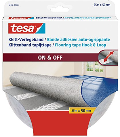tesa Klett-Verlegeband On & Off - selbstklebendes Klettband zum Verlegen von Teppichen - rutschfest, für Feuchträume und Fußbodenheizung geeignet - 25 m x 50 mm - transparent