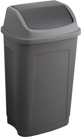 Sundis Swing, basura con tapa abatible, 50L de capacidad, rectangular, plástico reciclado, gris y negro, para cocina, oficina, lavadero, taller, garaje