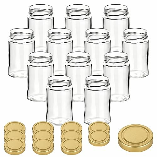 gouveo 12er Set Einmachgläser 212 ml Klassik mit Schraubdeckel goldfarben - Kleine Vorratsgläser mit Verschluss TO58 Deep - Leere Gläser für Marmelade, zum Einkochen und Aufbewahren