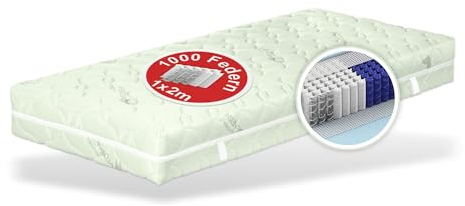 Matratze mit 1000 Federn, Top Anpassung, 23cm hoch, 4 Härtegrade mit 7-Zonen Taschenfederkernmatratze Modell München, 90 x 200 cm – mit Aloe-Vera veredeltem Bezug, Härtegrad H3, Höhe 23 cm