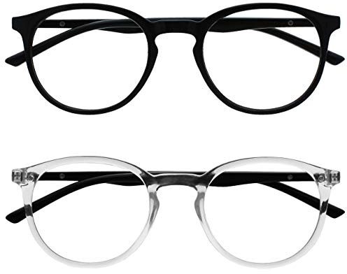 OPULIZE Met Lunettes de Lecture Anti-Lumière Bleue Pack de 2 Montures Rondes et Mincess Charnières à Ressort Améliore le Sommeil Jeux Ordinateur Noir Transparente Hommes Femmes BB60-1C +1.00