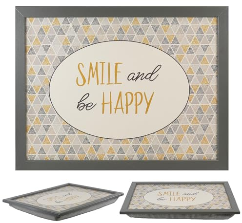 MTS Wooden Lap Trays with Bean Bag Cushion - Smile And Be Happy Design - Large Padded Tray for Kids and Adults - Suitable for Food, Art, Studies, TV, Sofa, Bed - Great Gift for Family