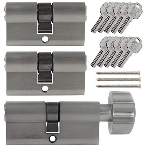 3x Tür Zylinder Schloss 70 mm & 80 mm gleichschliessend +10 Schlüssel Schliessanlage (2x 70mm - 1x 80mm mit Knauf)