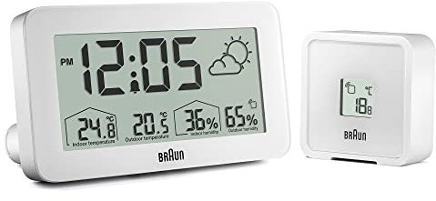 Braun Digitale Wetterstationsuhr mit Anzeige von Innen- und Außentemperatur sowie Luftfeuchtigkeit, Vorhersage, LCD-Display, Schnelleinstellung, anschwellendem Alarm-Piepton in weiß, Modell BC13WP.