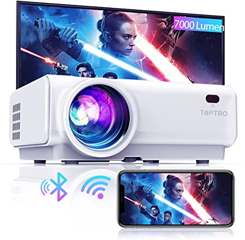 TOPTRO Mini Beamer, 7000 Lumen, WiFi Bluetooth Beamer Projektor, Support 1080P Full HD, mit HiFi-Lautsprecher, kompatibel mit TV-Stick/Handy/Laptop/DVD/PS4/SD/AV