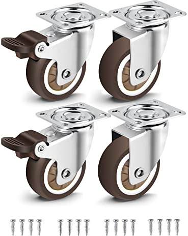 Nefish 2 Inch Swivel Caster Wheels for Furniture Rubber Casters Set of 4 Heavy Duty of 600 Lbs No Noise Locking Plate Castors for Cabinet, Table, Workbench (2 with Brake and 2 Without)