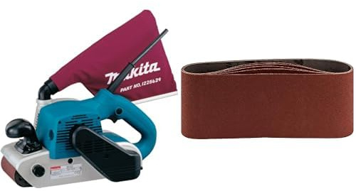 Makita 9403J Ponceuse À Bande 1200 W 100 x 610 mm & P-36924 Ceinture abrasive 100 x 610 MM Taille du grain K120, 5 ceintures, Rouge