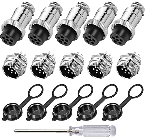 Aiqeer 5 Pezzi 6-Pin GX16 Connettore Aviazione, 16 mm Connettore Aviazione Metallo, 5A Connettore Aviazione Maschio Femmina, con Cappuccio in Gomma e Cacciavite a Croce