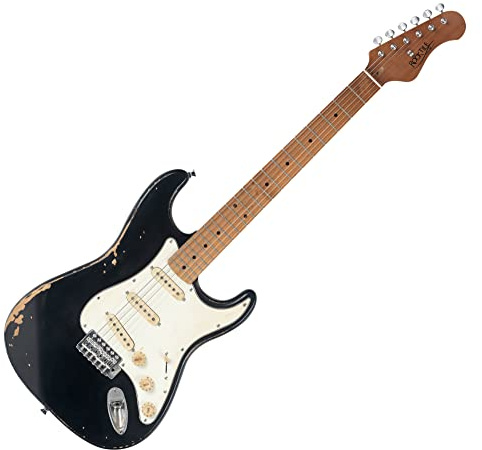 Rocktile Vinstage ST-RMBK E-Gitarre - Relic-Gitarre in Aged-Style - Korpus: Esche - Griffbrett/Hals: gerösteter Ahorn - 3x Single Coil Pickup - Vintage-Hardware - Black | Modell: ST-RMBK, Serie: Vinstage, 4 kg, Anzahl der Saiten: 6, Ausrichtung: Rechts, Körper, Körperform: ST-Style, Griff