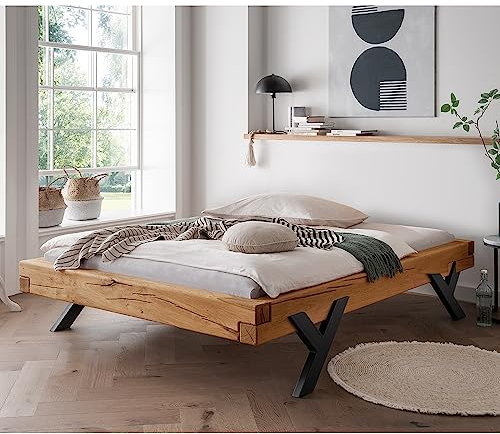 Lomadox Massivholz Doppelbett, 180x200 cm, Eiche massiv, ohne Kopfteil, Schwarze Beine in Y-Form, B/H/T ca. 198/42/228 cm