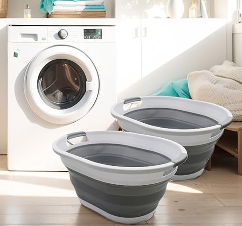 SAMMART Zusammenklappbarer Wäschekorb aus Kunststoff, 32 l, faltbarer Pop-Up-Aufbewahrungsbehälter/Organizer, tragbare Waschwanne, Fassungsvermögen: (2, Weiß/Grau)