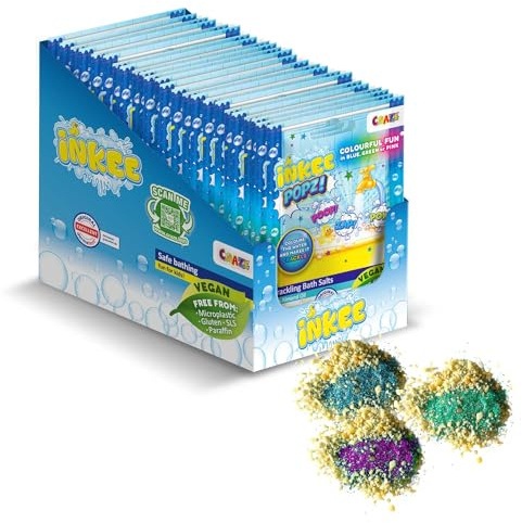 INKEE POPZ 24er Set | Knisterndes Badesalz Kinder - Bunter Badezusatz in pink, blau oder grün mit Mandelöl & Popcorn-Aroma, 24x 15g Beutel – Badespaß für Kinder
