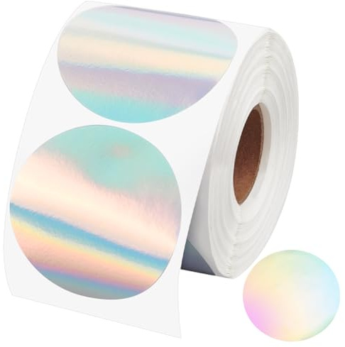 FINGERINSPIRE 400 Stück Holografische Kreis Thermoaufkleber 4.9 cm Runde Direkte Thermo Etiketten Selbstklebende Punkt Thermodrucker Aufkleber Bedruckbares Regenbogen Glitzer Thermoetikett Für DIY