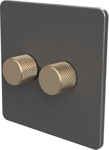 SAMOTECH Zigbee Dimmer Switch (Plastic faceplate/Metal knob) - No neutral wire required, compatible with Home Assistant and many other Zigbee-based platforms - Grey/Antique Brass 2-Gang Zigbee Dimmer