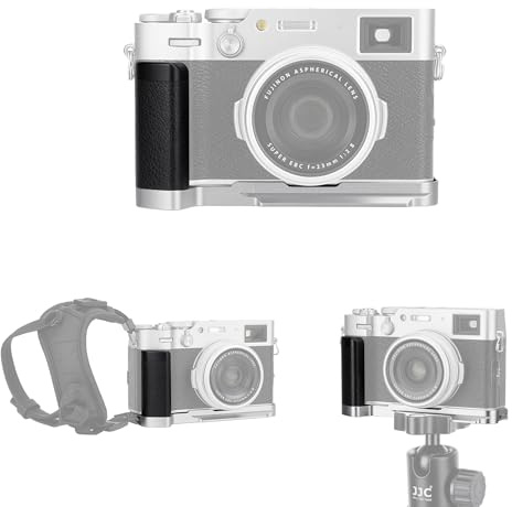 JJC Handgriff für Fuji X100V/X100F Kameras, Arca-Swiss L-Griff, Silber | Robuste Aluminiumlegierung|Rutschfestes Leder|1/4-20 Gewinde|Bequemer Akku- & Speicherkartenwechsel|Trageriemenöse