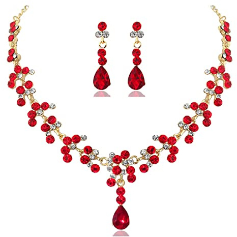 Danshinbow novia collar de diamante de agua y traje de pendientes collar de cristal novia fiesta de bodas mujeres y niñas traje de joyas de boda (Rojo 2)
