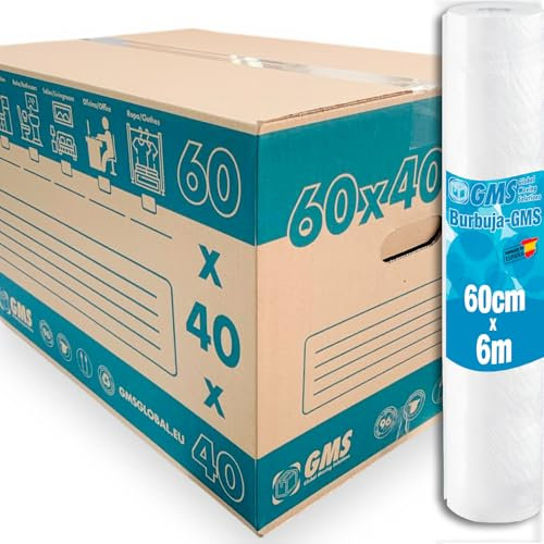 10 Cajas de Cartón Mudanza 60x40x40cm 96 Litros + Burbuja 6x0,6m. Ultra resistentes. Mudanzas y Almacenaje con Asas. Cartón (10 Cajas 60x40x40cm + Burbuja)