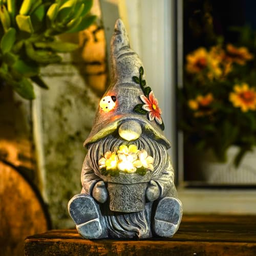 Yeomoo Gartenzwerge Solar Figuren für Außen Gartendeko: Lustig Gartenzwerg mit Blumen Solarlampen Deko Geschenke für Frauen Männer Mum Geburtstagsgeschenk Garten Balkon Terrasse Deko Wohnzimmer Grau