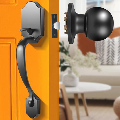 Elemake Front Door Handle, Exterior Door Handle Set with Knob, Black Front Door Handle No Lock, Interior Entry Handleset with Reversible Lever, Matte Black ORB Finish, Upgraded Large Size Adjustable