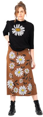 Mamatayoe Panorama. Falda con Vuelo de Mujer en Color Tostado con Estampado de Flores para Otoño Invierno. Falda Midi de Punto Roma y Cinturilla Elástica de Estilo Casual. Talla S