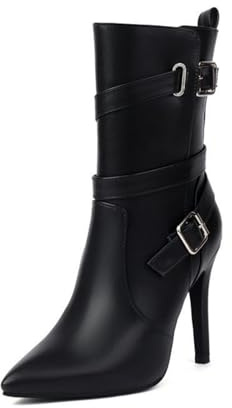 HXTYXCQ Femmes À Sexy Talons Hauts Bottes Mi-Mollet Bout Pointu Bottes Courtes avec Boucle Fermeture Éclair Latérale Cuir Bottes De Bureau De Robe,Noir,38 EU