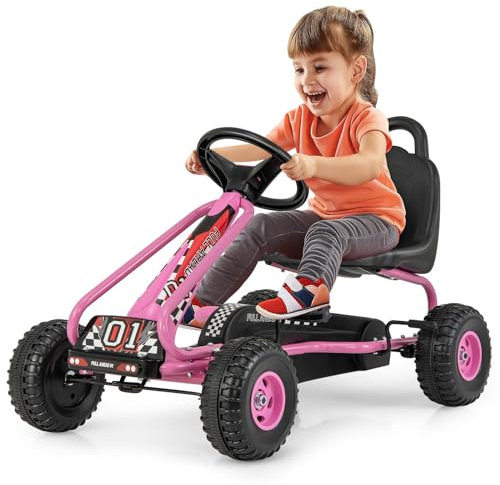 COSTWAY Gokart mit verstellbarem Sitz, Go Kart mit Handbremse, Tretauto bis 30 kg belastbar, Pedal Go Cart, Tretfahrzeug, Pedalfahrzeug, Kinderfahrzeug für Kinder ab 3 Jahren (Rosa)