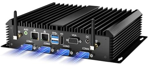 Kinupute Mini PC Industrial, Core i7-5500U 2.4-3.0GHz Ordenador de Sobremesa sin Ventilador, Win-10 Pro, 16G RAM, 512G SSD, Dual LAN, 6xCOM RS232, Módulo 4G, Puertos HDMI/VGA, Encendido automático