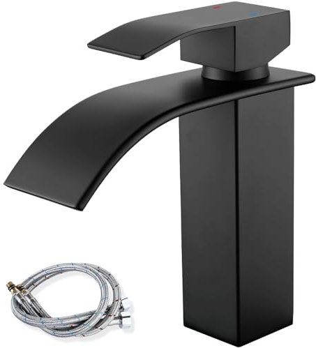 Maynosi Rubinetto a cascata per bagno, in acciaio inox, con beccuccio, altezza 11 cm, rubinetto da bagno per lavabo, miscelatore bagno cascata con acqua fredda e calda (nero)