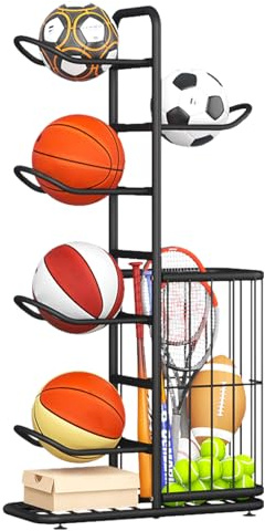 ZPONEED Soporte para pelotas de baloncesto, estantería de almacenamiento para equipos deportivos, estantería de pelota, soporte extraíble con 5 soportes y cestas, estantería de almacenamiento para