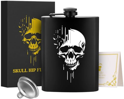 Fiaschetta in acciaio inox 226,8 g, fiaschetta tascabile, con imbuto e biglietto di auguri, confezione regalo, teschio bianco, ideale per campeggio, escursionismo e attività