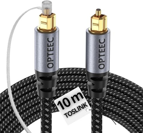 opteec® - Câble Optique Audio - 10M - Câble Optique Audio Toslink pour HOME CINEMA, BARRE DE SON, TV, SAMSUNG, BOSE, LG, SONY, SONOS, PS4, XBOX - Nylon Tressé Renforcé - Connecteur Plaqué Or (10M)
