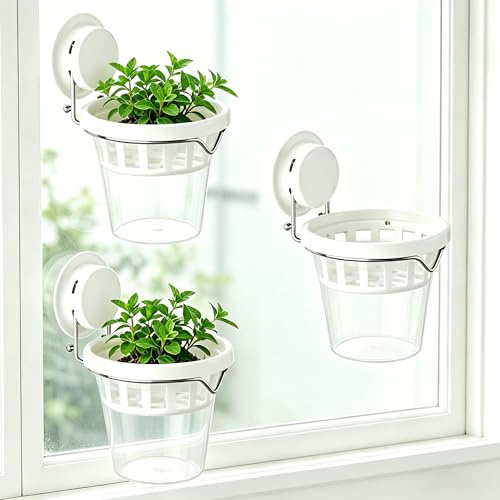 VirgoLeo Set of 3 Plastic Window Planter with Suction Cup Shelf Holder. Clear Self Watering Window Mounted Plant Pots, Window Sill Planters Extender for Indoor Hydroponic Plants