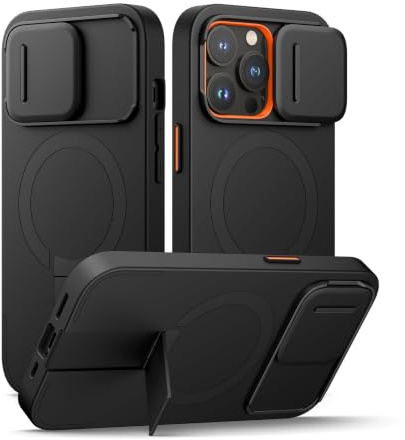 SURITCH Magnetisch hülle Kompatibel mit iPhone 13 Pro, Stoßfest Handyhülle Kratzfest Schutzhülle mit Kameraabdeckung schieben und verstellbarem Kickstand(schwarz) | Magnetische Kamera-Schutzhülle