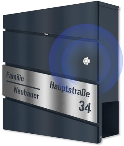 Graviers Design Briefkasten mit Funkklingel in Anthrazit RAL 7016 - Laserschnitt diagonal Wandbriefkasten personalisiert Edelstahl Gravur - Postkasten Briefbox mit Schloss Design 1