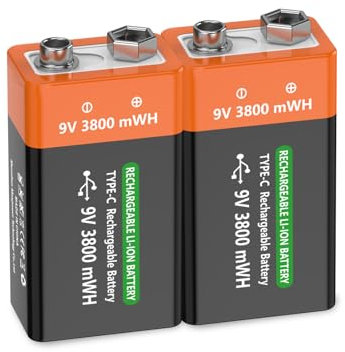 FLSTOR 9V Battery, 3800mWh Li-Ion Block Rechargeable 9 Volts Battery for Safety &Security Devices, Audio Equipment, Industrial &Testing Instruments, Household Electronics etc, with Cable, Pack of 2